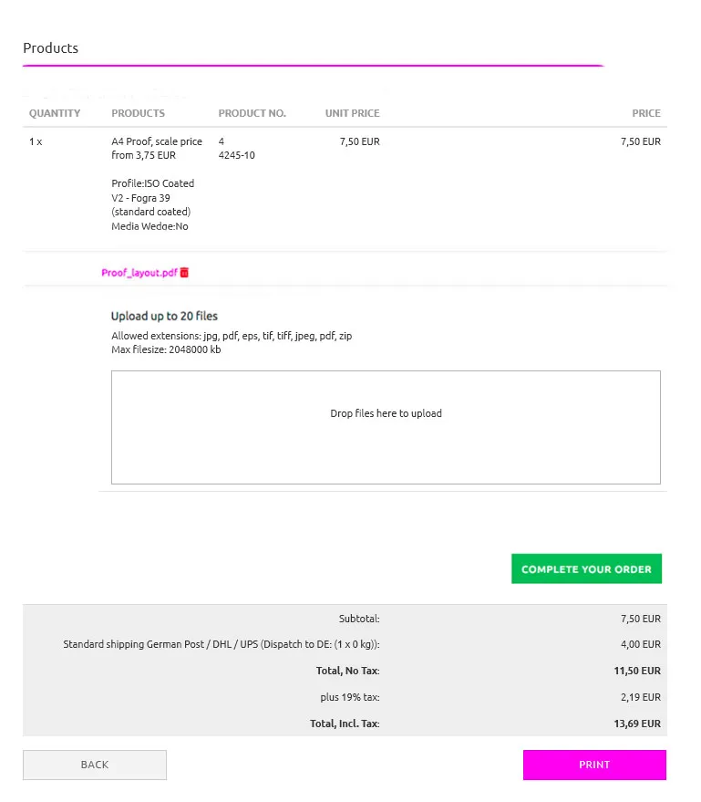 Proof Bestellung nach dem Datenupload