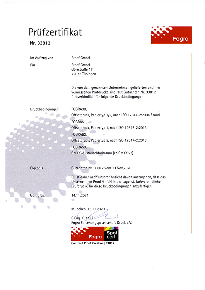FOGRA certification 33812 - Proof GmbH 2020