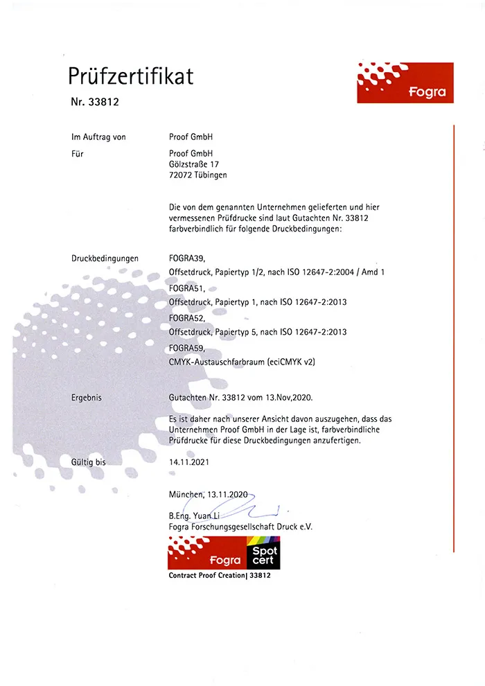 FOGRA-certificering 33812 - Proof GmbH 2020
