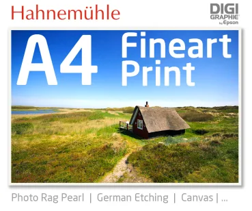 DIN A4 Fineart trykk med 1440x2880 DPI på Hahnemühle Fineart-papirer som Photo Rag, German Etching, Canvas, Premium Photo Glossy