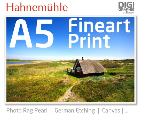 DIN A5 Fineart Druck mit 1440x2880 DPI auf Hahnemühle Fineart-Papieren wie Photo Rag, German Etching, Canvas, Premium Photo Glossy