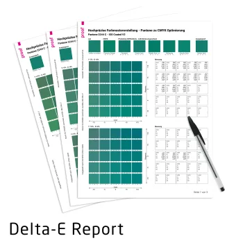 PANTONE til CMYK Delta-E rapport af Proof.de