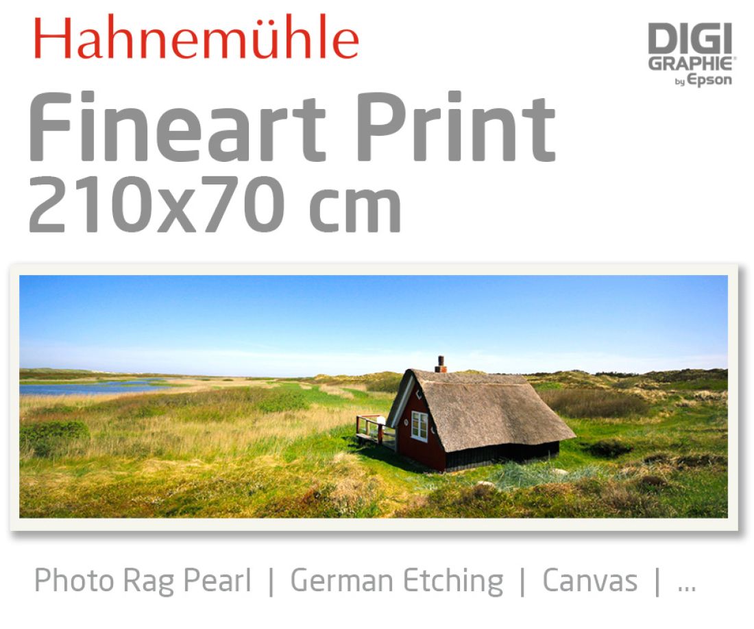 210x70 cm Fineart Druck mit 1440x2880 DPI auf Hahnemühle Fineart-Papieren wie Photo Rag, German Etching, Canvas, Premium Photo Glossy