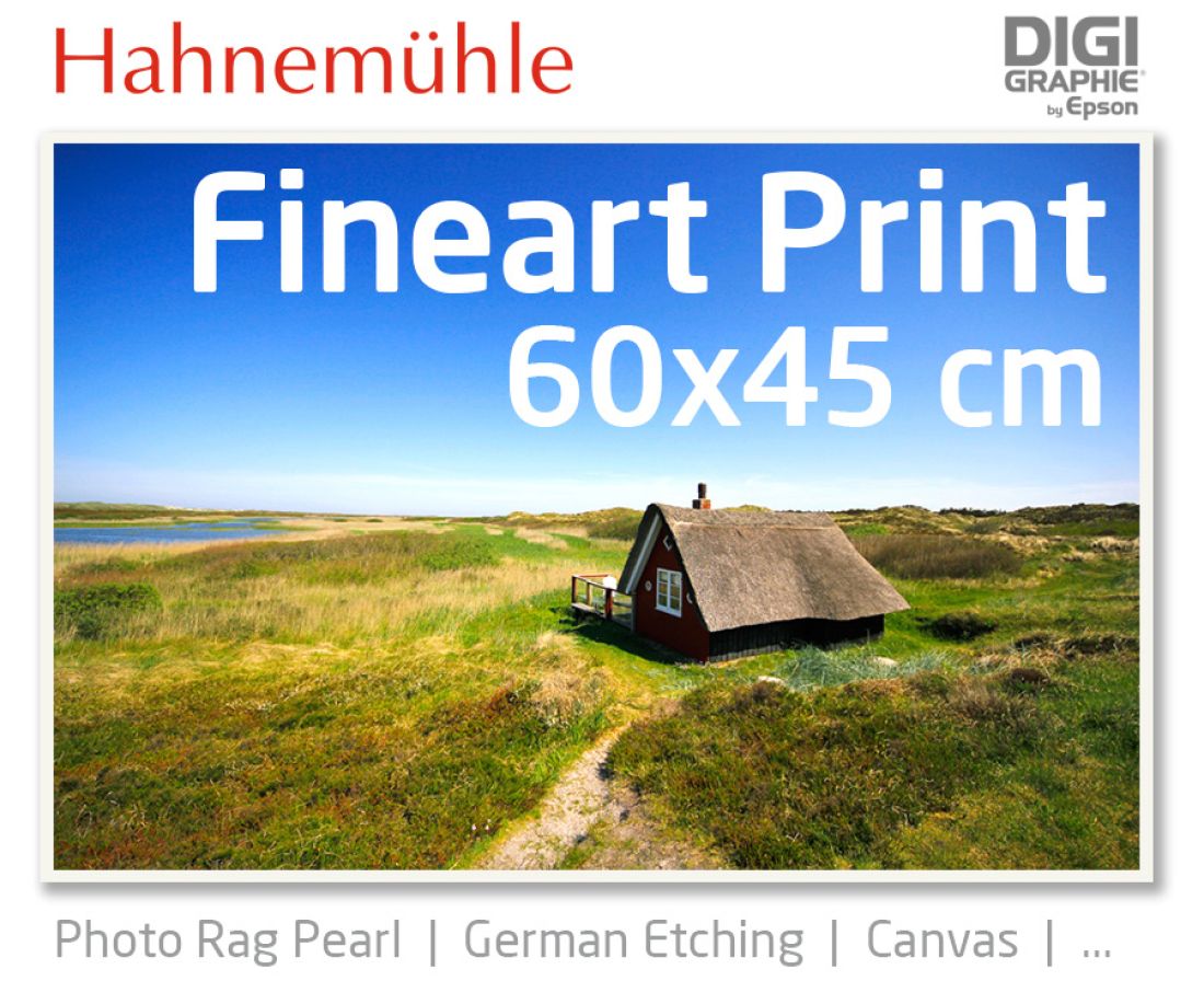 60 x 45 cm Fineart Druck mit 1440x2880 DPI auf Hahnemühle Fineart-Papieren wie Photo Rag, German Etching, Canvas, Premium Photo Glossy