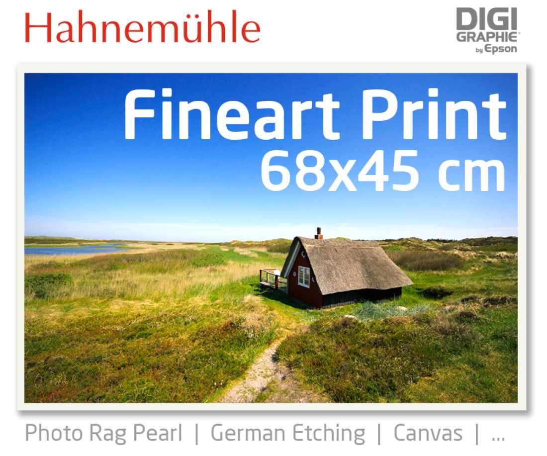 68x45 cm Fineart Druck mit 1440x2880 DPI auf Hahnemühle Fineart-Papieren wie Photo Rag, German Etching, Canvas, Premium Photo Glossy