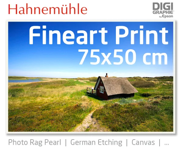 75x50 cm fineart print med 1440x2880 DPI på hahnemühle fineart-papirer såsom Photo Rag, German Etching, Canvas, Premium Photo Glossy