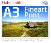 DIN A3 Fineart Druck mit 1440x2880 DPI auf Hahnemühle Fineart-Papieren wie Photo Rag, German Etching, Canvas, Premium Photo Glossy