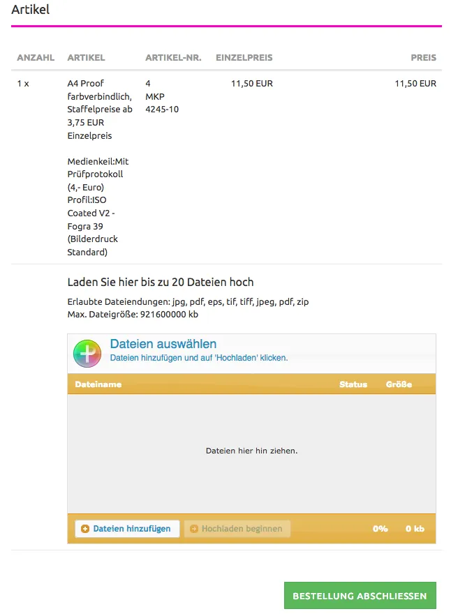 Seu pedido de Proof antes do upload de dados