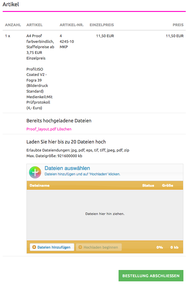 Proof Bestellung nach dem Datenupload