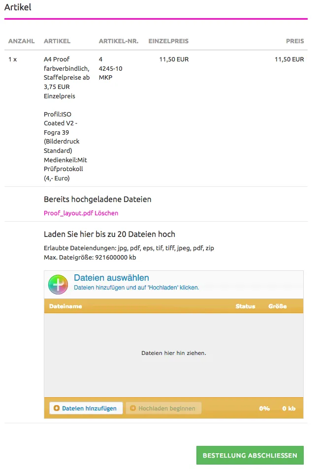 Pedido de Proof após upload de dados